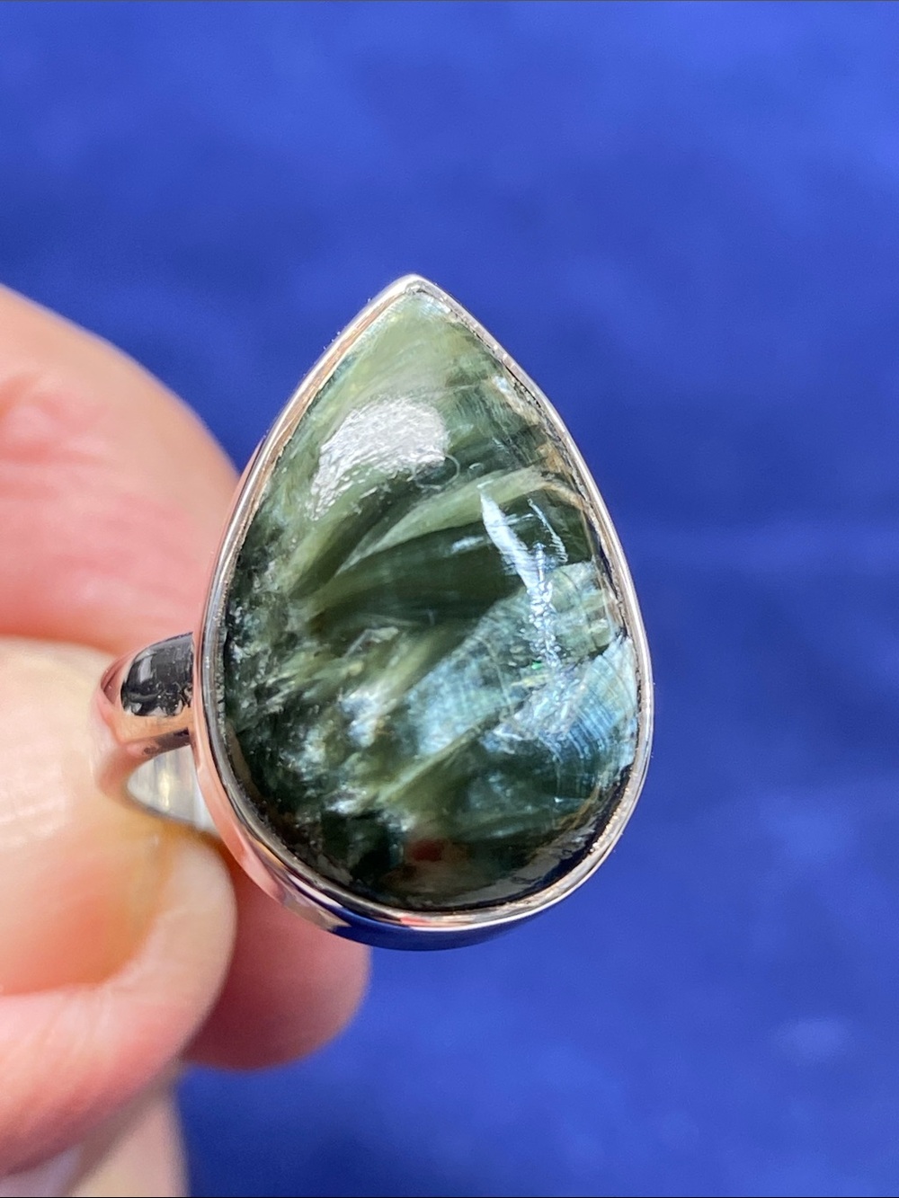 Sterling Silver Teardrop Green Seraphinite Ring Size 6